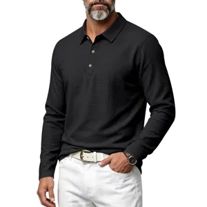 Detail view of men's long sleeve black polo shirt with linen texture and button placket