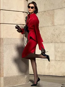 French style stand collar peplum blazer and bodycon midi skirt set for women elegant wear