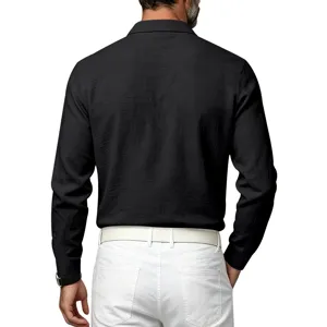 Men's long sleeve linen texture polo shirt casual lapel top with solid color design.