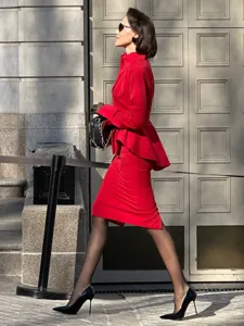 French style red blazer and bodycon midi skirt set, elegant women's two piece outfit detail.