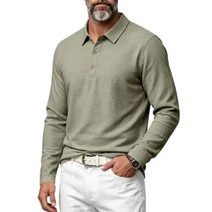 Men's long-sleeve linen-texture polo shirt detail view, casual lapel three-button style.