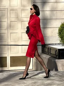 Elegant red peplum blazer and pencil skirt suit set, chic French style outfit for women.