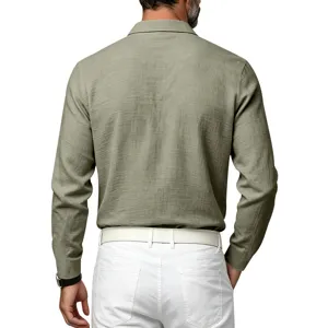 Men's long sleeve linen texture lapel casual shirt in green, detailed back view.