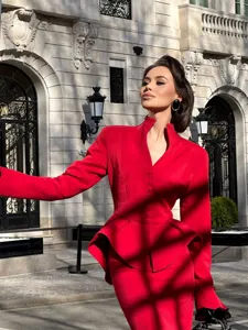 Elegant French style red blazer and skirt set featuring a chic stand collar and peplum waist.
