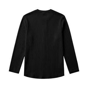 T-shirt noir à manches longues en tricot pour hommes, haut côtelé décontracté.