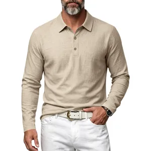 Detail view of men's long sleeve polo shirt featuring linen texture, lapel and three buttons.