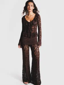 Brown lace two-piece set featuring a V-neck ruffle long sleeve top and matching flare pants.