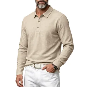 Detailed view of men's long sleeve linen texture polo shirt collar with three buttons.
