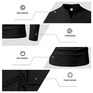 Vue détaillée du t-shirt noir à manches longues et col en V côtelé avec poignets.