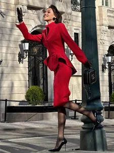 French Style Stand Collar Hollow Single Breasted Peplum Blazer And Midi Skirt Top And Bottom Elegant Women Outfit