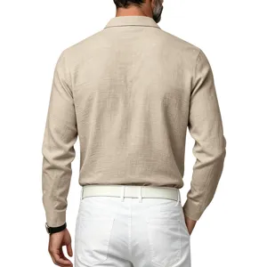 Back view detail of the mens casual long sleeve linen texture polo shirt in beige.