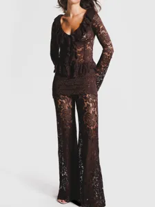 Detailed view of the brown lace two-piece set featuring a V-neck top and wide pants.