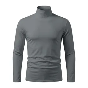 Men's solid gray half turtleneck long sleeve slim fit casual base layer t-shirt detail.