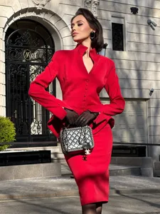 French vintage stand collar single-breasted blazer and midi skirt suit elegant women fashion