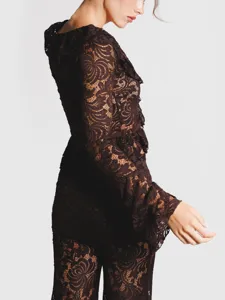 Dark brown lace two-piece set featuring long-sleeve top and wide-leg pants, chic resort style.