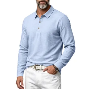 Men's long sleeve linen texture polo shirt detail, lapel collar with three buttons.