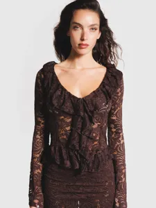 Dark brown lace long sleeve top detail showing the intricate floral pattern and V-neck.