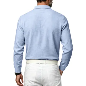 Men long sleeve linen texture shirt back view detail light blue casual apparel top new
