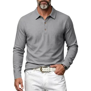 Men's long sleeve linen texture polo shirt lapel casual top for everyday wear and style.