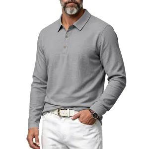 Close-up detail of mens long sleeve linen texture polo shirt with button placket and collar.