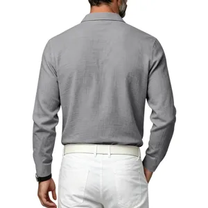 Men's long sleeve linen texture polo shirt back view detail showcasing fabric.