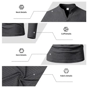 T-shirt à manches longues et col V pour homme, vue détaillée en tricot côtelé et col.