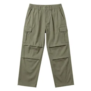 Detail view of men's loose cargo pants with multi pockets and straight fit design for casual style.