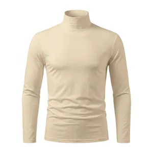 Men's khaki turtleneck long sleeve t-shirt fabric detail, slim fit knitwear base layer.