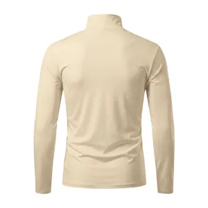 Men's solid color mock neck long sleeve t-shirt back view detail, soft slim fit casual base layer.