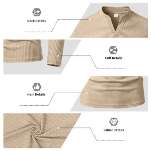Vue détaillée du t-shirt à manches longues en tricot côtelé pour homme et col V.
