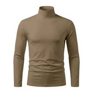 Men's khaki slim-fit half high neck long sleeve base t-shirt detail and texture view.