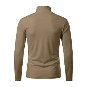 Detailed back view of men's mock neck long sleeve slim fit t-shirt in khaki color.