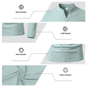 T-shirt manches longues côtelé vert clair pour homme détail, haut basique décontracté.