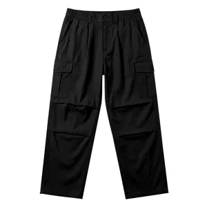 Close-up of black cargo pants featuring multi-pockets, knee panels, and relaxed straight fit.