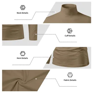 Detailed view of the mens casual turtleneck long sleeve shirt collar cuff and fabric texture.