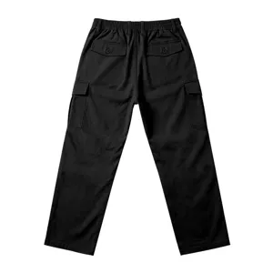 Detailed view of black cargo pants, showing utility side pockets and back buttoned pockets.