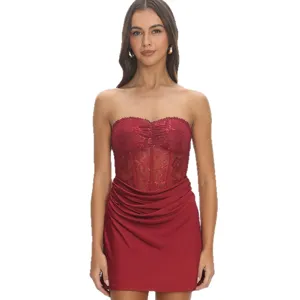 Stunning strapless lace corset mini dress in deep red, elegant sleeveless party wear for women.
