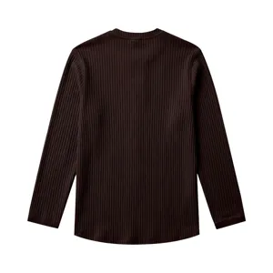 T-shirt à manches longues en tricot côtelé marron foncé pour homme, haut basique.