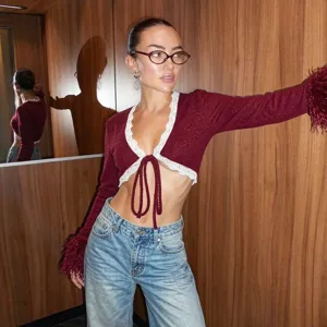 Top Cárdigan Sexy con Lazo Delantero para Mujer Borde de Encaje Manga Larga Puños de Pelo Camiseta de Punto Ajustada