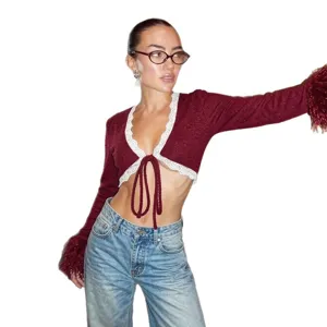 Mujeres otoño moda manga larga encaje ribete corbata frente corto cárdigan superior.