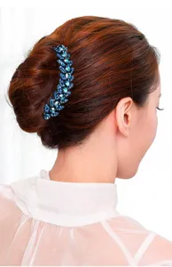 Blue rhinestone hair comb clip for women, elegant leaf design updo bun hair accessory.