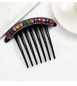 Rhinestone insert hair comb with colorful crystals, elegant black plastic bun hair pin for women.