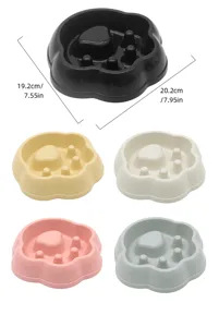 Pet slow feeder bowl detail showing anti-choking pillars, multi-color options and size specs.