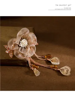 Elegant ancient style hair clip with fabric flower and hanging tassel beads for women.