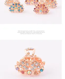 Detailed view of elegant rhinestone hair claw clips with colorful crystals and rose gold finish.