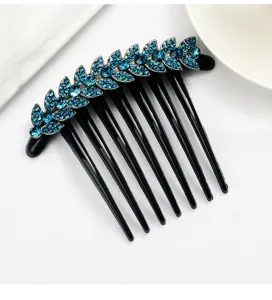 Elegant blue rhinestone hair comb, sparkling leaf design insert comb for women hair styling.