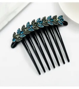 Rhinestone leaf hair comb insert for women, sparkling crystal updo clip hair accessory detail.