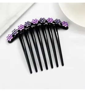 Elegant black rhinestone hair insert comb with sparkling purple flower decorations for women styling.