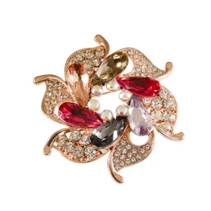 Exquisite rose gold tone multi-color crystal flower brooch pin for women apparel accessories.