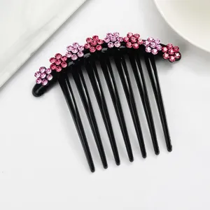 Rhinestone hair comb for women, black insert comb with sparkling pink crystal flower design.
